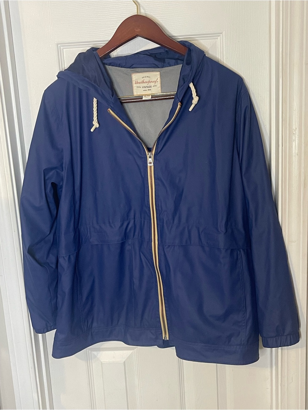 Weatherproof Navy Hooded Jacket with Tan Trim